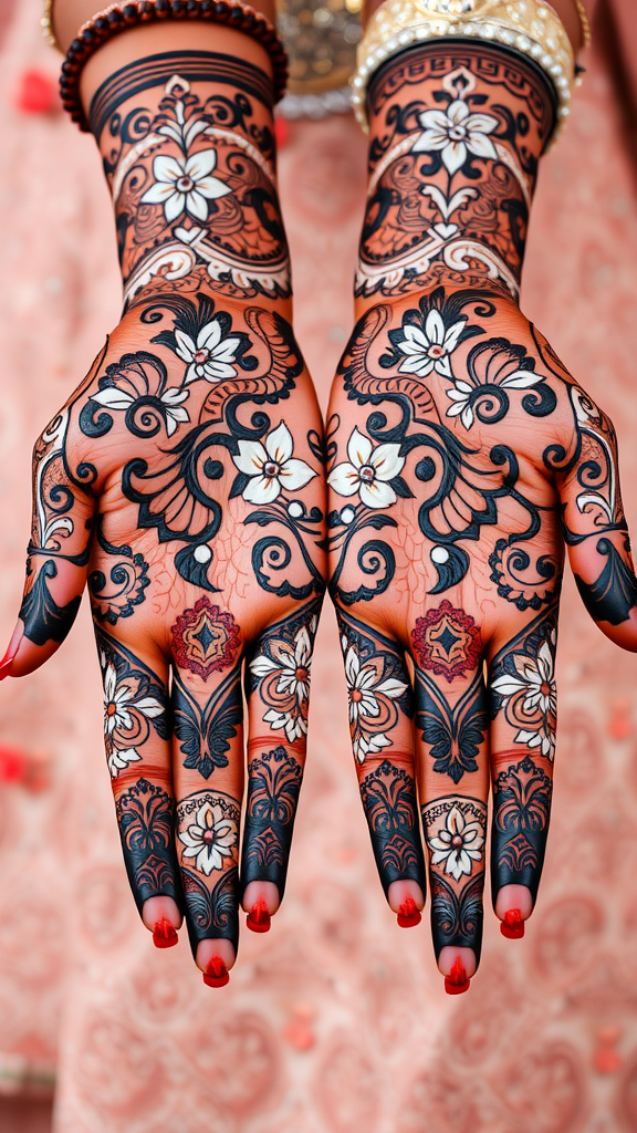 Intricate henna designs on hands with floral motifs, showcasing a coral wedding theme.