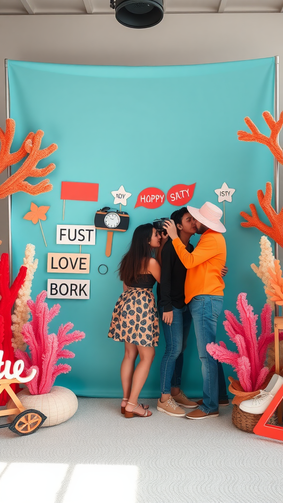 A vibrant coral-themed photo booth with guests posing and colorful decorations.