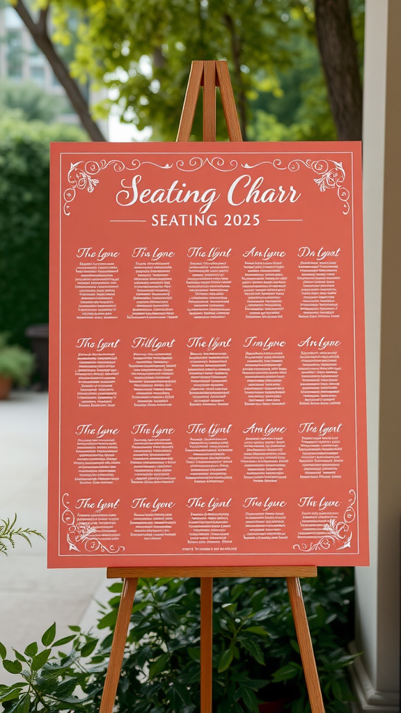 A coral-themed wedding seating chart displayed on an easel, featuring guest names and a vibrant design.