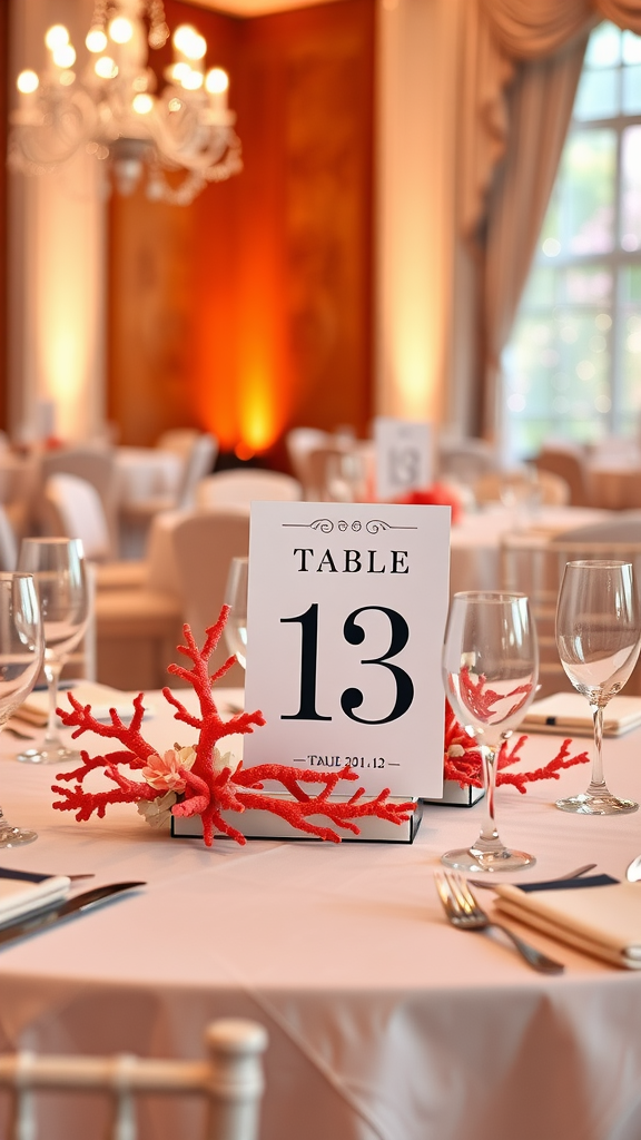 Coral themed table number 13 surrounded by coral decorations