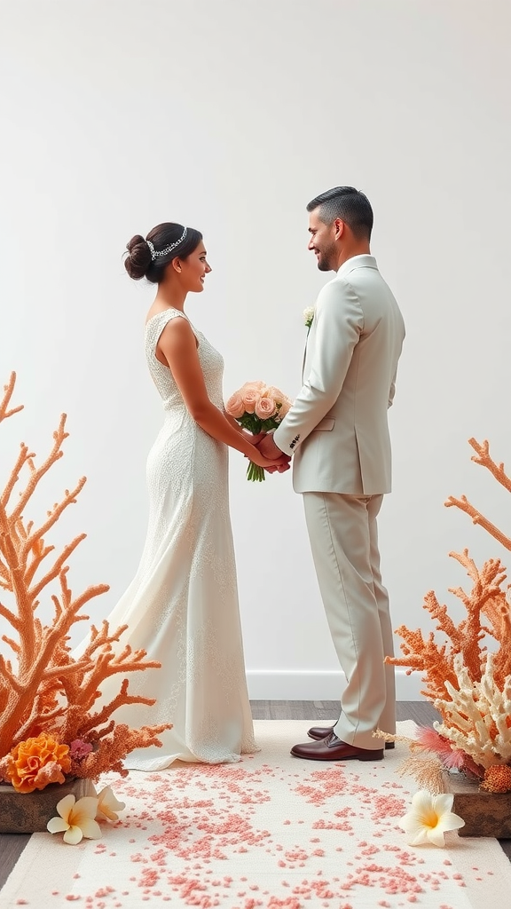 A couple stands facing each other during a coral-themed wedding ceremony, surrounded by coral decorations and peach flowers.