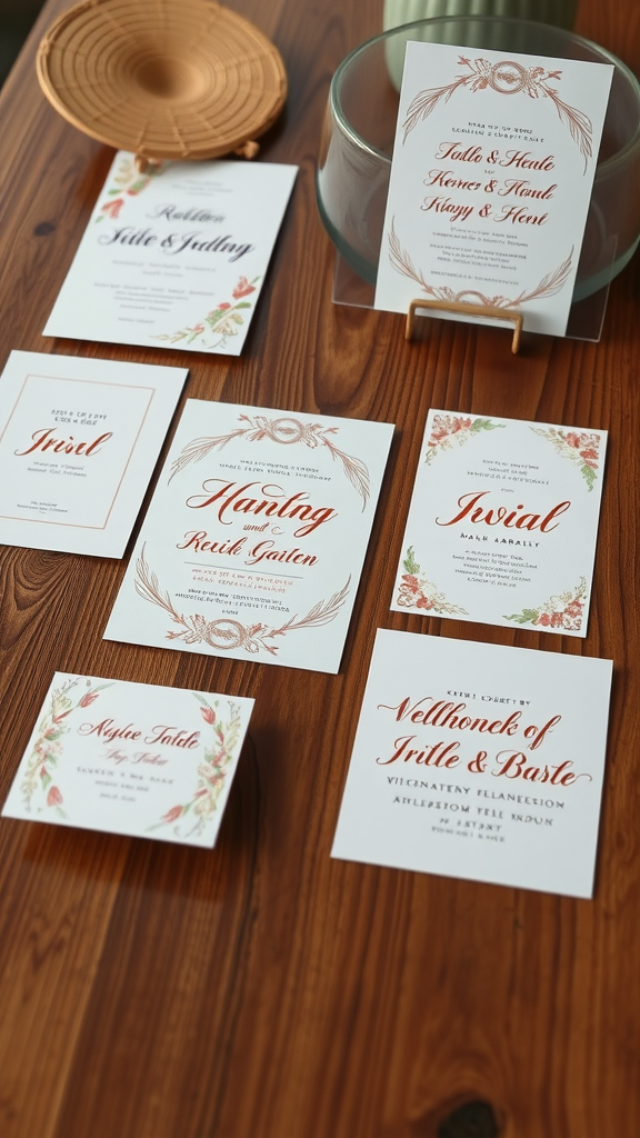 A collection of coral-themed wedding invitations displayed on a wooden table.