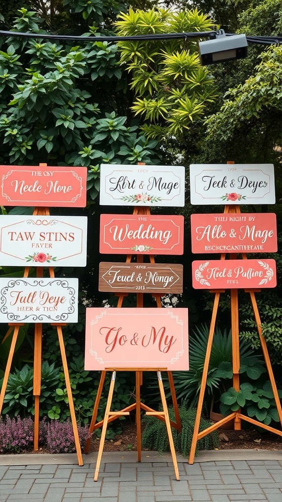A display of colorful coral-themed wedding signs