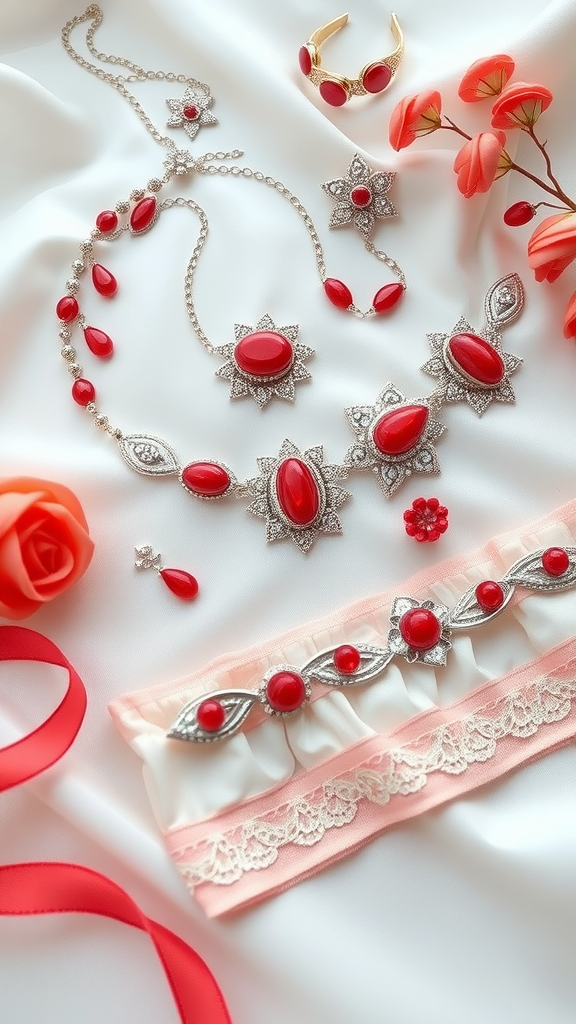 A collection of coral wedding accessories including jewelry and a garter, displayed with floral accents.