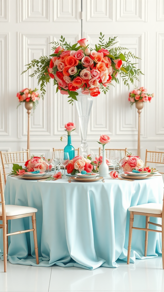 A beautifully decorated wedding table with aqua tablecloth and coral floral arrangements.