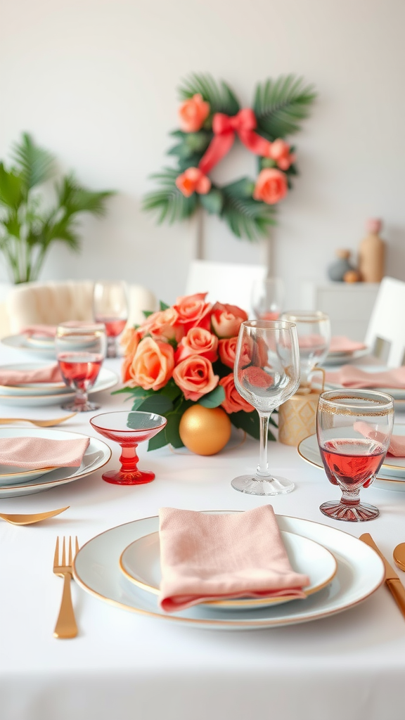 A beautifully arranged wedding table with coral and gold accents, featuring coral roses, elegant glassware, and soft napkins.