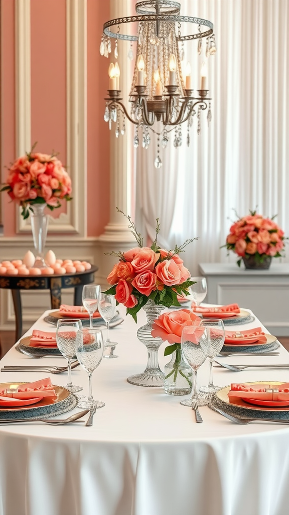 A beautifully arranged wedding table featuring coral and silver decor with flowers, plates, and crystal glasses.