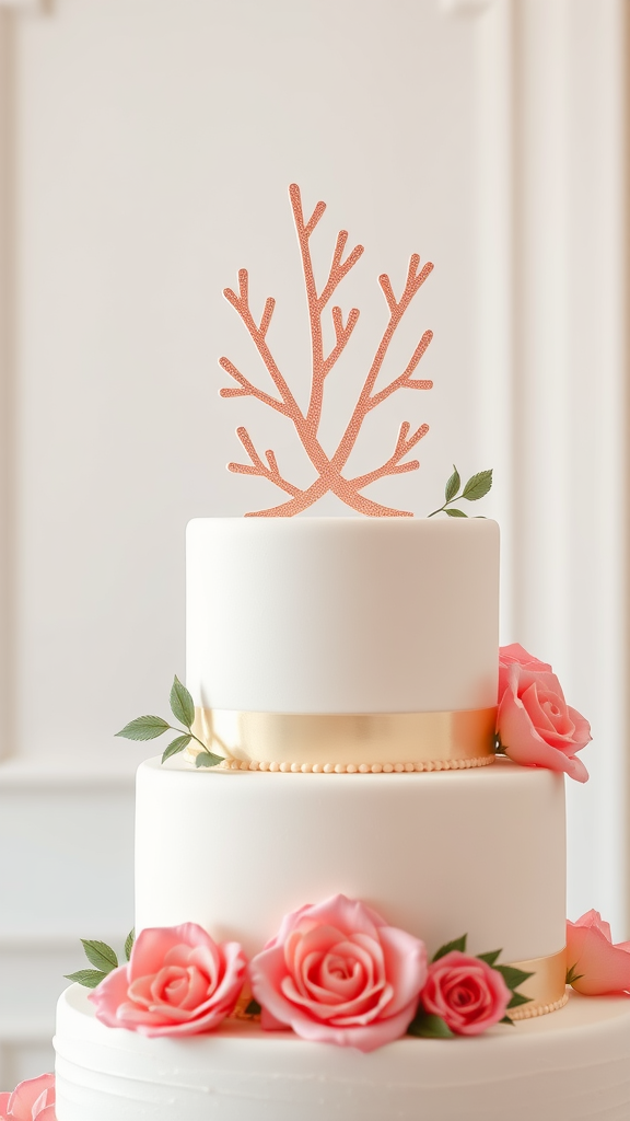 A beautifully decorated white wedding cake with a coral reef topper and pink roses