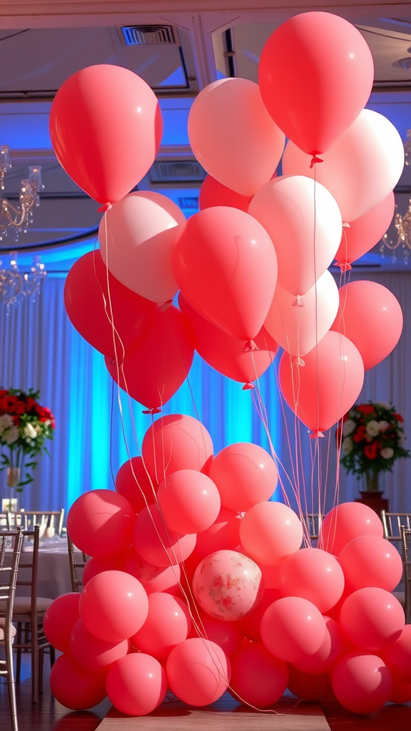 A vibrant arrangement of coral and pink balloons in a wedding setting.
