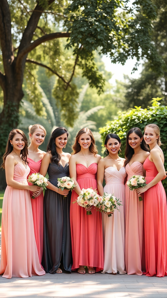 Group of bridesmaids in coral dresses holding bouquets in a lush garden