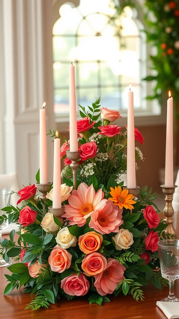 A floral centerpiece with coral roses, peach flowers, and tall candles, ideal for a wedding setting.