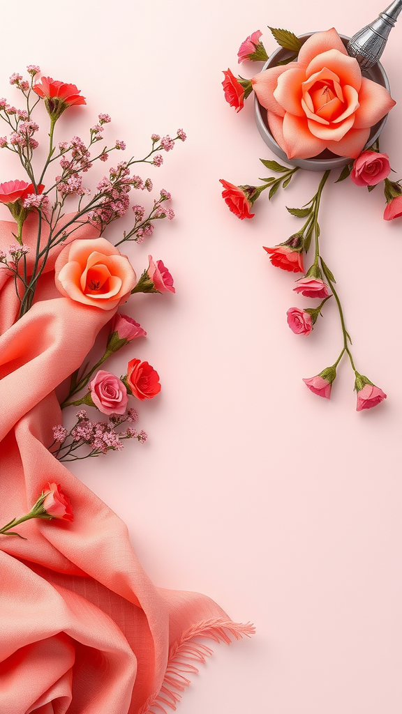 An arrangement of coral roses, pink flowers, and soft fabric on a pink background, showcasing a coral color palette.