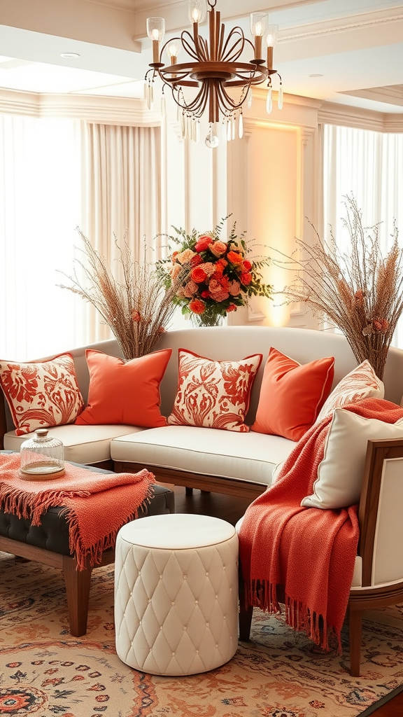 Cozy lounge area with coral decorative pillows and warm lighting