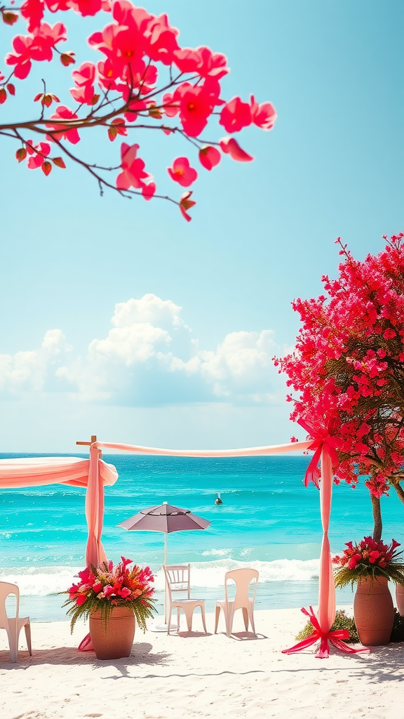 A beach wedding setup with vibrant pink flowers and a blue ocean in the background.