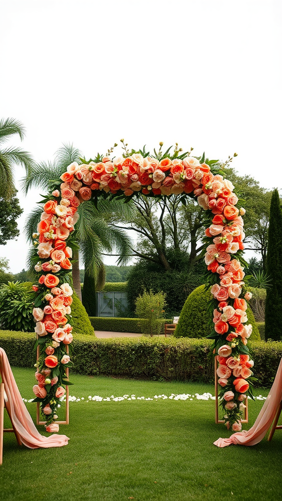 Coral floral arch for a wedding ceremony, adorned with roses and greenery