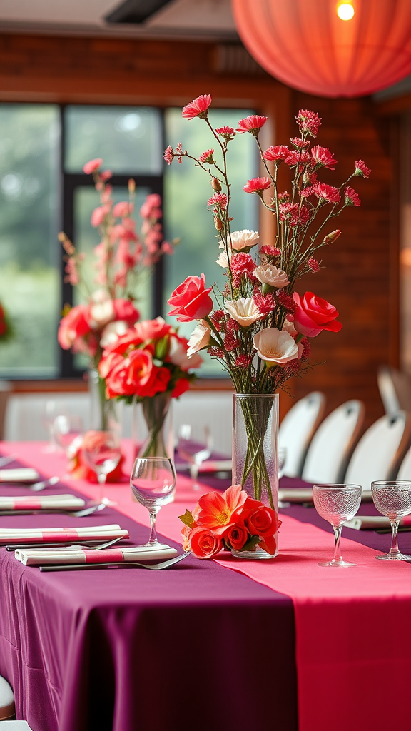 Coral floral arrangements on a reception table with pink and purple linens