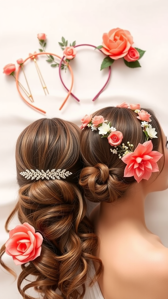 Coral hair accessories including headbands and hairpins decorated with roses and floral accents.