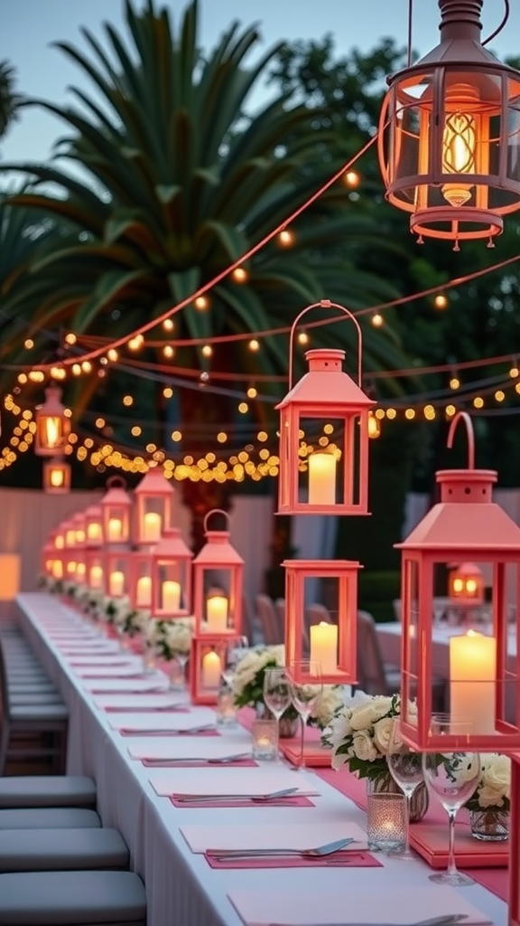 A beautifully decorated wedding table featuring coral lanterns, candles, and floral arrangements under string lights.