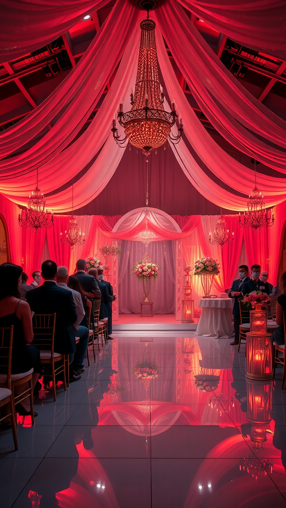 A wedding venue with coral lighting, elegant chandeliers, and floral arrangements.