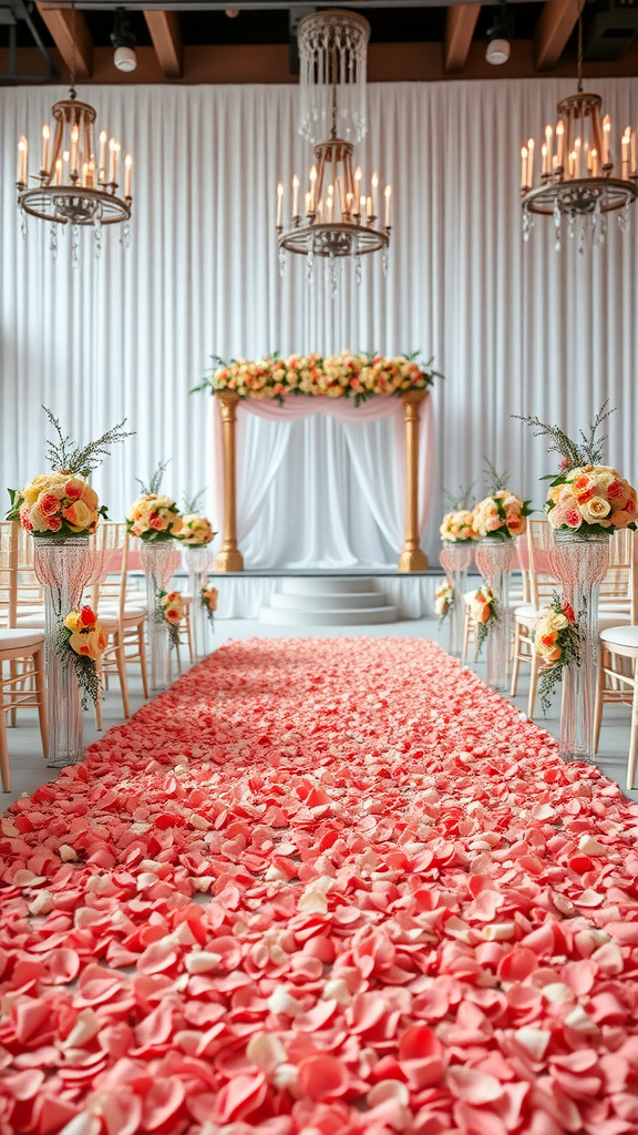 Wedding aisle decorated with coral petals and floral arrangements