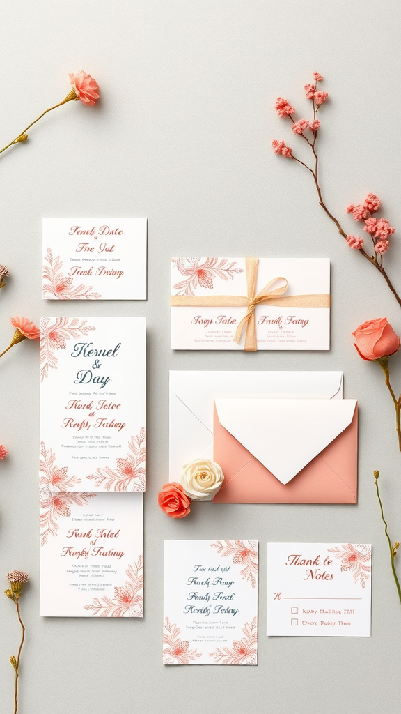 A coral wedding stationery suite featuring invitations and thank-you notes arranged with flowers.