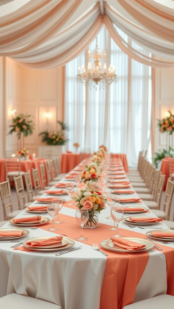 A beautifully decorated wedding reception with coral table linens and floral arrangements.