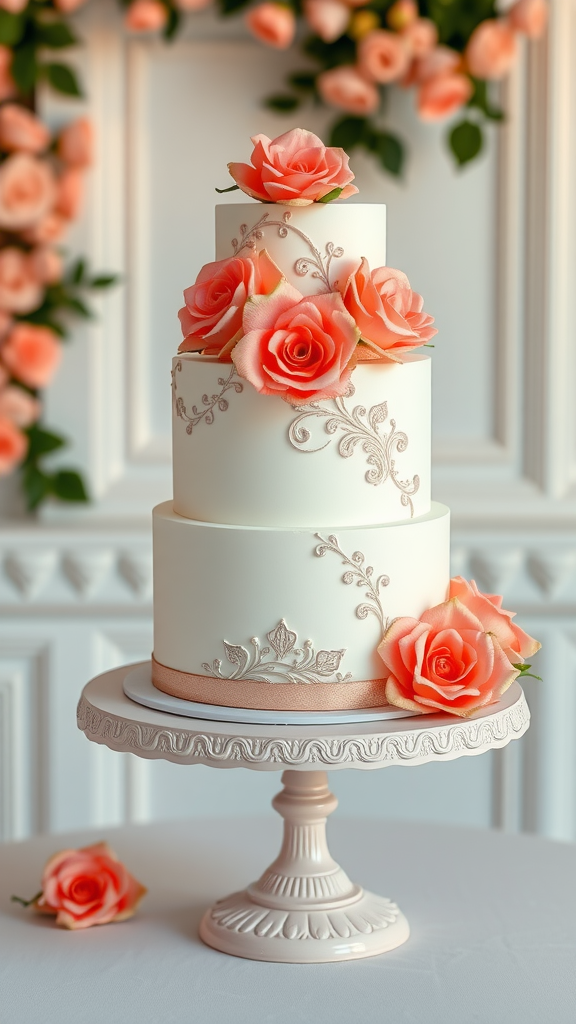 A beautifully designed three-tier wedding cake decorated with coral roses and delicate patterns