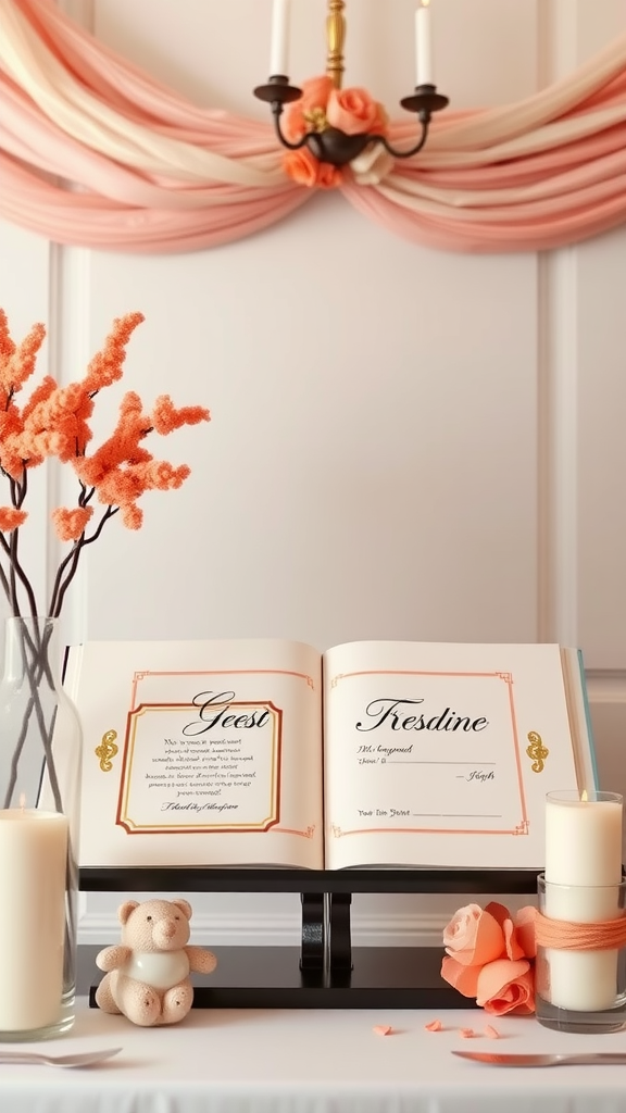 A decorative coral wedding guest book setup with flowers and candles.