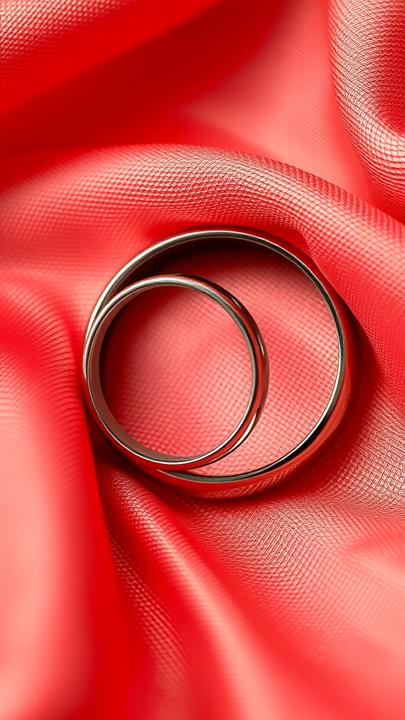 Two wedding rings on coral fabric