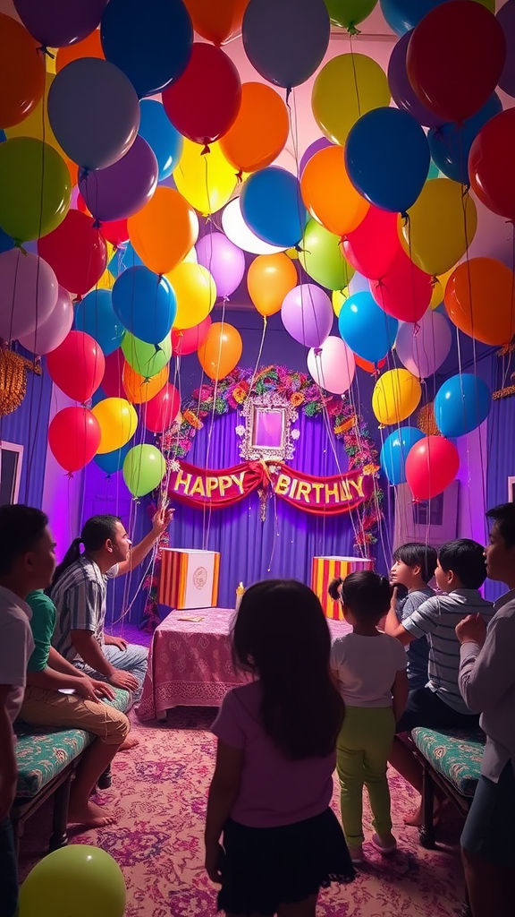A colorful birthday party scene with balloons and children, celebrating under a 'Happy Birthday' banner. new year’s eve kid party ideas