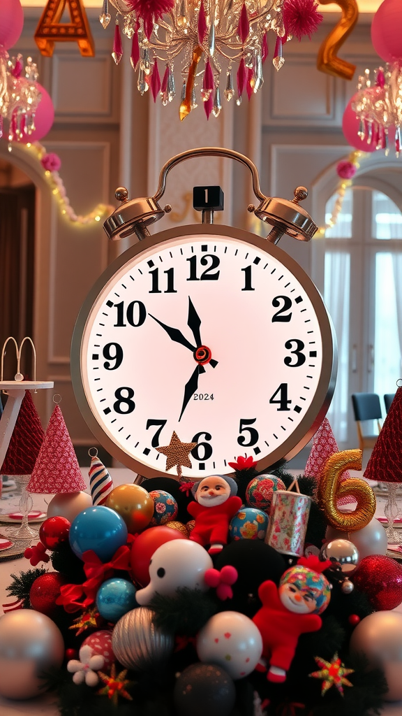 A large countdown clock surrounded by colorful holiday decorations for a New Year’s Eve party.