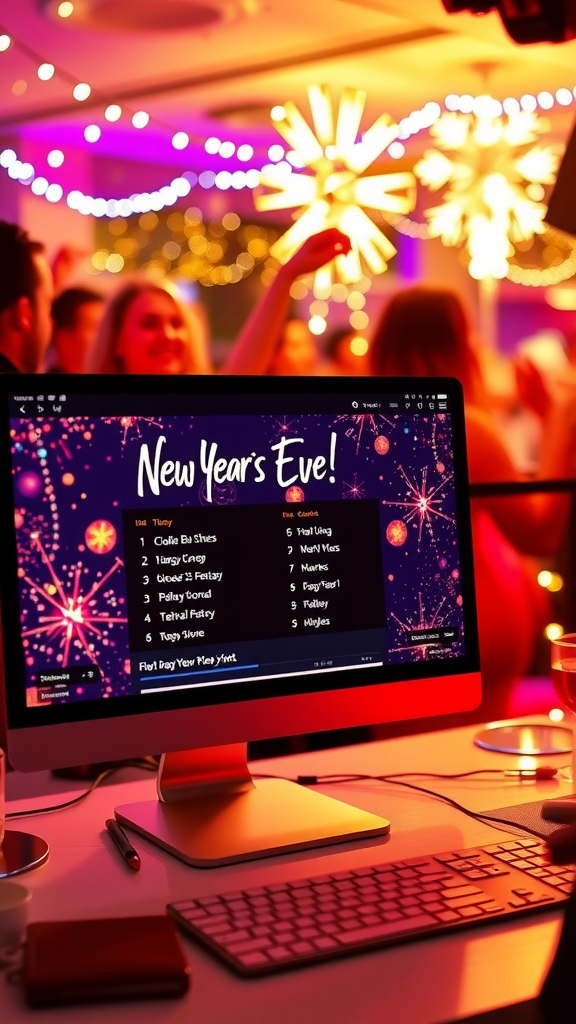 A computer screen displaying a New Year’s Eve party playlist with people dancing in a festive environment.