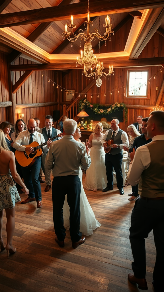 25 Rustic Cowboy Wedding Ideas to Tie the Knot with Style A lively celebration in a cozy room with people dancing and playing guitars, suggesting a cowboy wedding atmosphere.