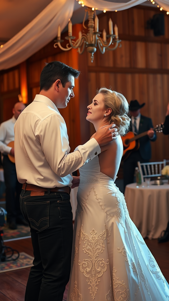 A couple dancing at a cowboy-themed wedding, surrounded by warm lights and a cozy atmosphere.