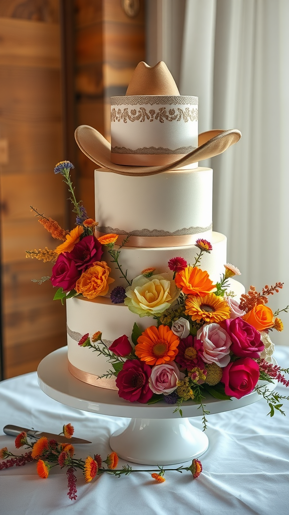 A cowboy wedding cake decorated with a cowboy hat and vibrant floral arrangements.