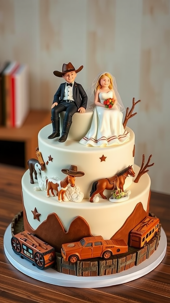 A cowboy wedding cake featuring a bride and groom figurine, decorated with horses, mountains, and vintage vehicles.