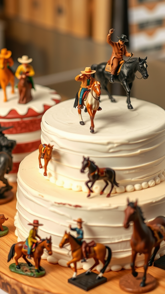 A cowboy-themed cake with figurine toppers of cowboys and horses on multi-tiered cakes.