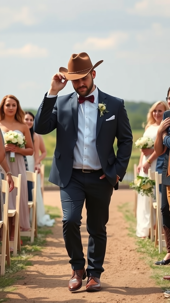 A man in a suit tipping his cowboy hat while walking down the wedding aisle.