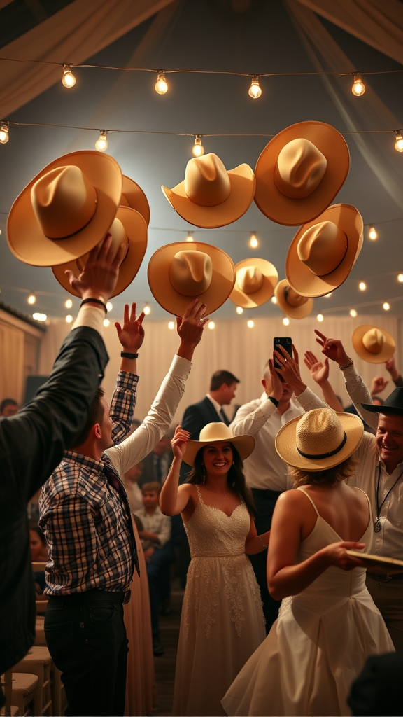 25 Rustic Cowboy Wedding Ideas to Tie the Knot with Style Guests at a cowboy wedding joyfully tossing cowboy hats in celebration.