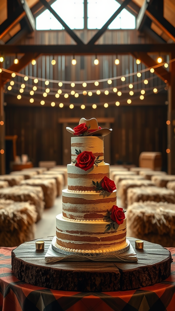 A rustic cowboy wedding cake with red roses and a cowboy hat in a barn setting