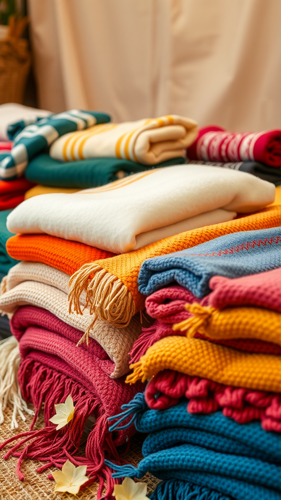 25 Must-Have Items for the Perfect Nesting Party A vibrant array of colorful blankets stacked together, showcasing different textures and patterns.