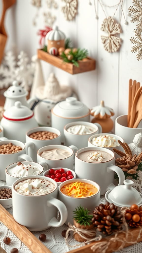 A cozy hot cocoa bar with various mugs of cocoa and toppings, decorated for winter.