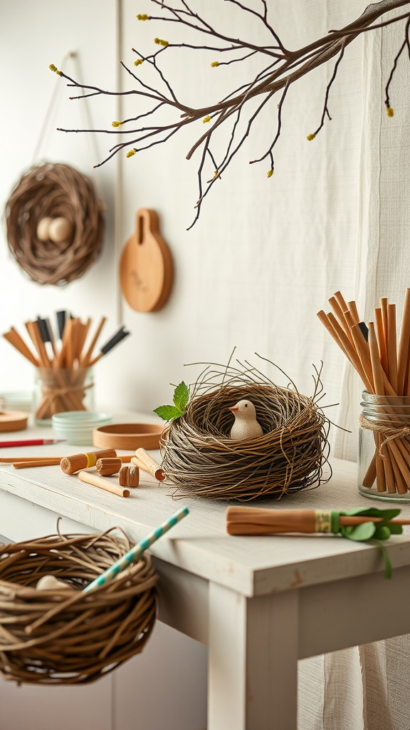 25 Must-Have Items for the Perfect Nesting Party A cozy craft station with natural elements, featuring nests, wooden tools, and colorful straws.
