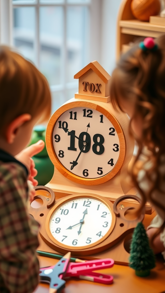 Two children interacting with a wooden clock, focusing on its features.