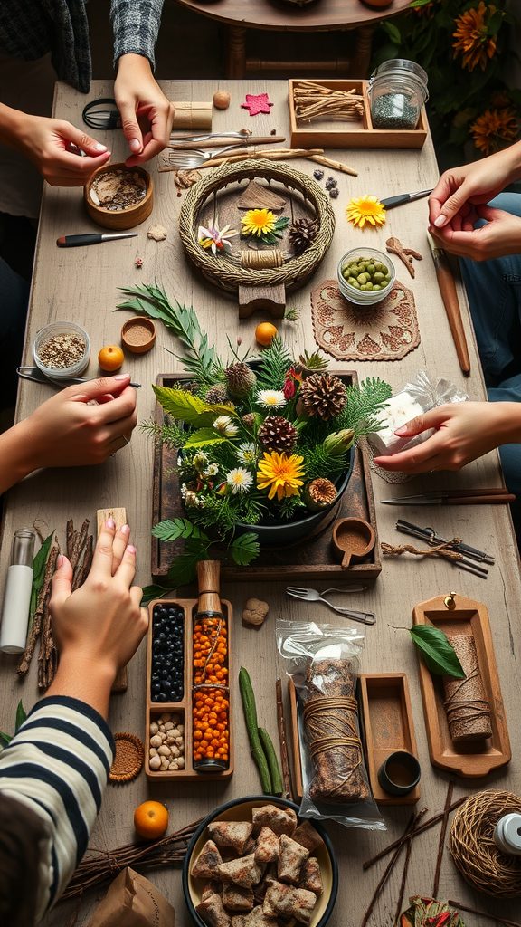 25 Creative Nesting Party Ideas for a Cozy Gathering A crafting table with hands working on natural elements, surrounded by flowers, pine cones, and colorful berries.