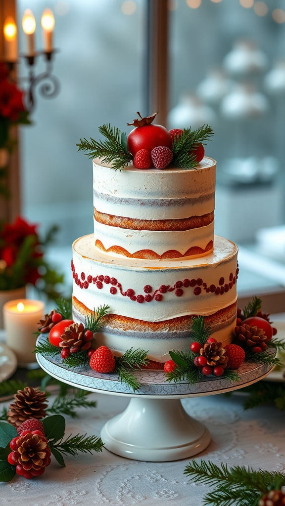 A two-tiered cake decorated with cranberries, orange slices, and pine greenery, set on a white cake stand.