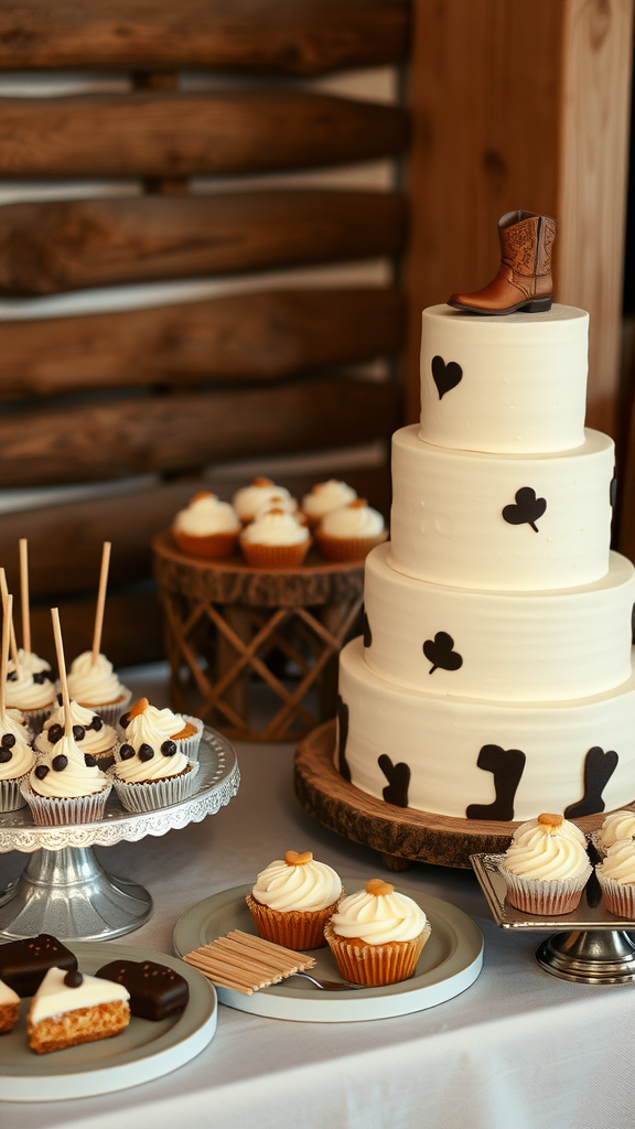 A beautifully arranged cowboy-themed cake bar featuring a three-tiered wedding cake with a cowboy boot on top, surrounded by cupcakes and dessert bars.