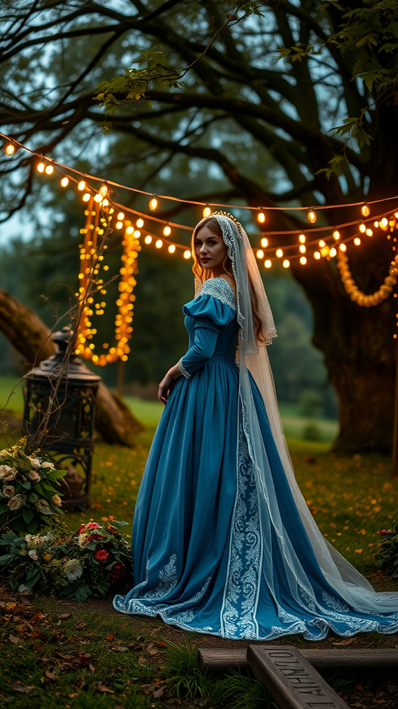 A bride in a blue medieval wedding dress standing under string lights in a garden setting, surrounded by flowers.