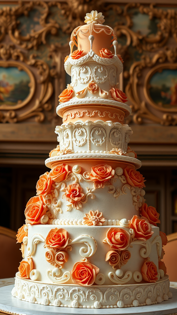 A tall, intricately designed Rococo cake decorated with peach roses and elegant piping.