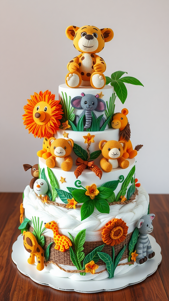 Three-tiered animal safari diaper cake decorated with plush animals, flowers, and greenery.